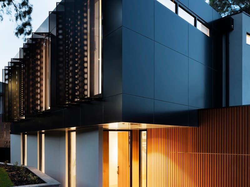 Exterior architectural detail with dramatic sunset shadows