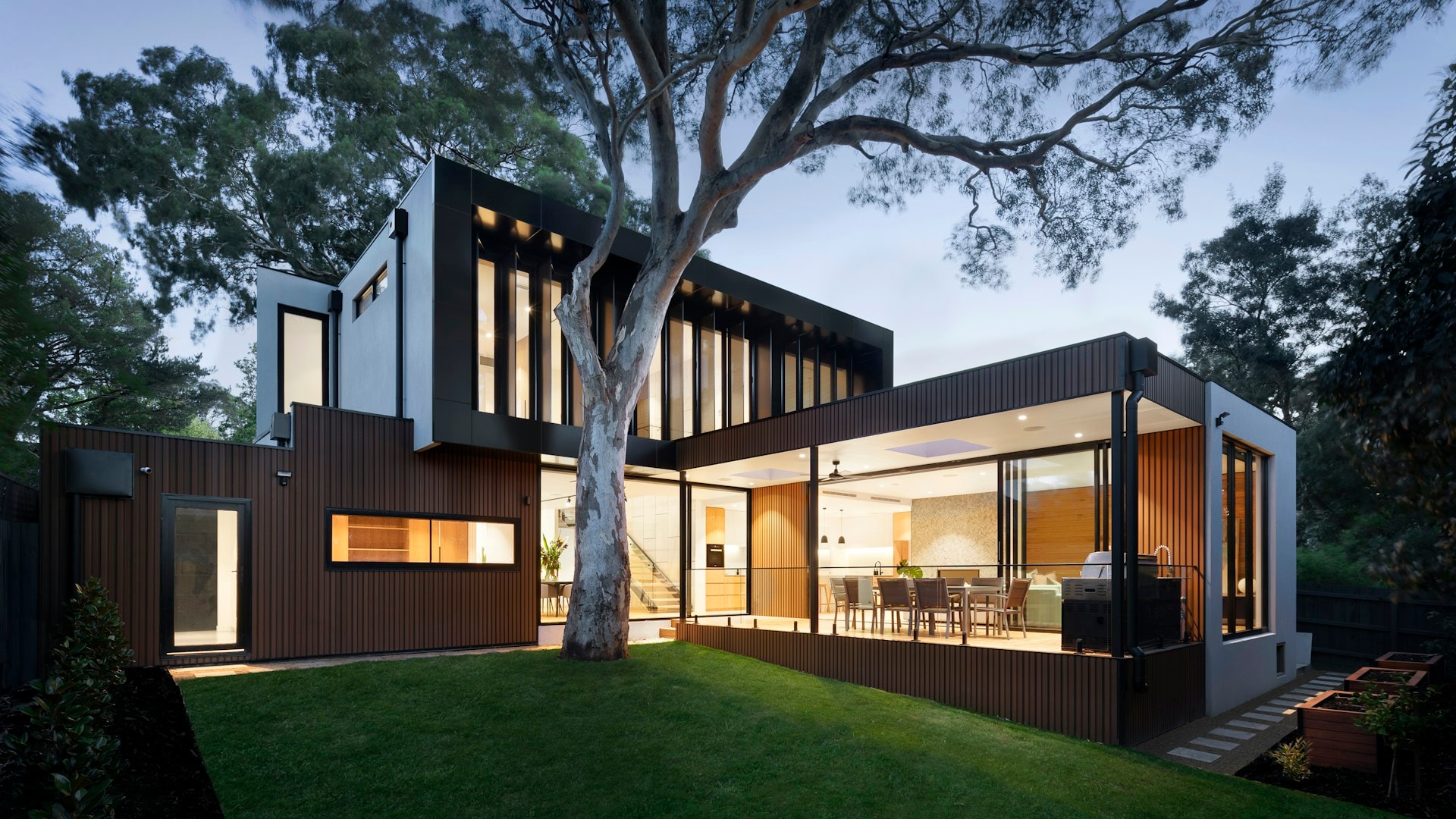 Modern luxury interior with golden hour light streaming through windows